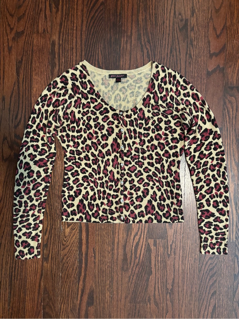 Vintage Y2K Betsey Johnson pink leopard print cardigan, size L